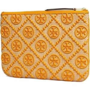 NWT Tory Burch Women's T Monogram Embellished Orange Citrine Straw Pouch